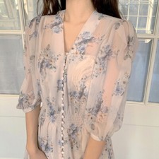 Womens Floral Ruffle Dress Chiffon Puff Sleeve Button V Neck Maxi Vintage Fairy