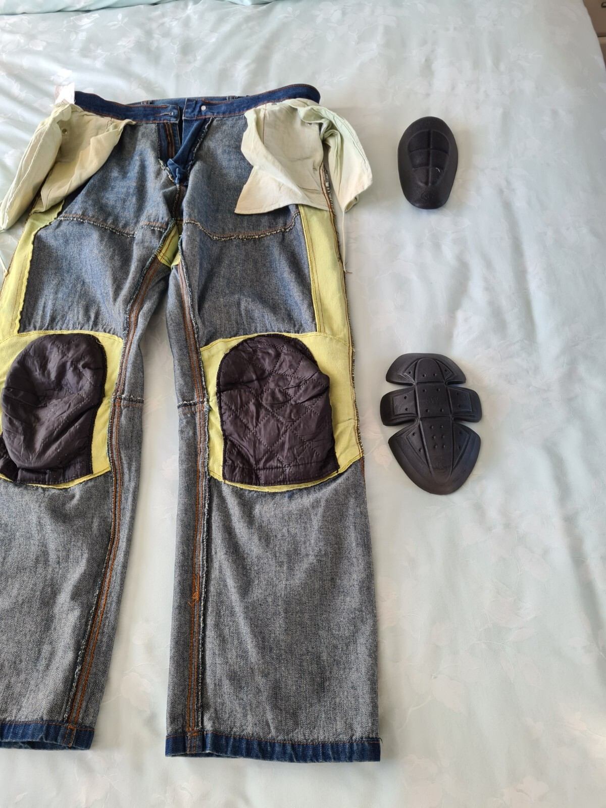 Red route motorcycle jeans including knee and hip armour, 36 inch waste