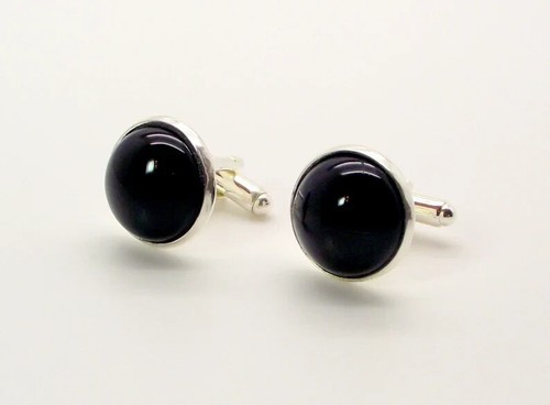Men's Engagement Party Tie Clip With Shiny 9.32CT Round Cabochon Deep Black Onyx - Picture 6 of 10