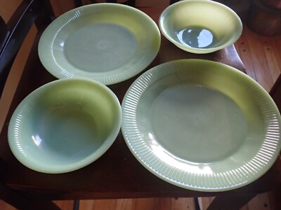 Fire King Jane Ray Jadite 9  Dinner Plates and 6  Cereal Bowls Two Of Each