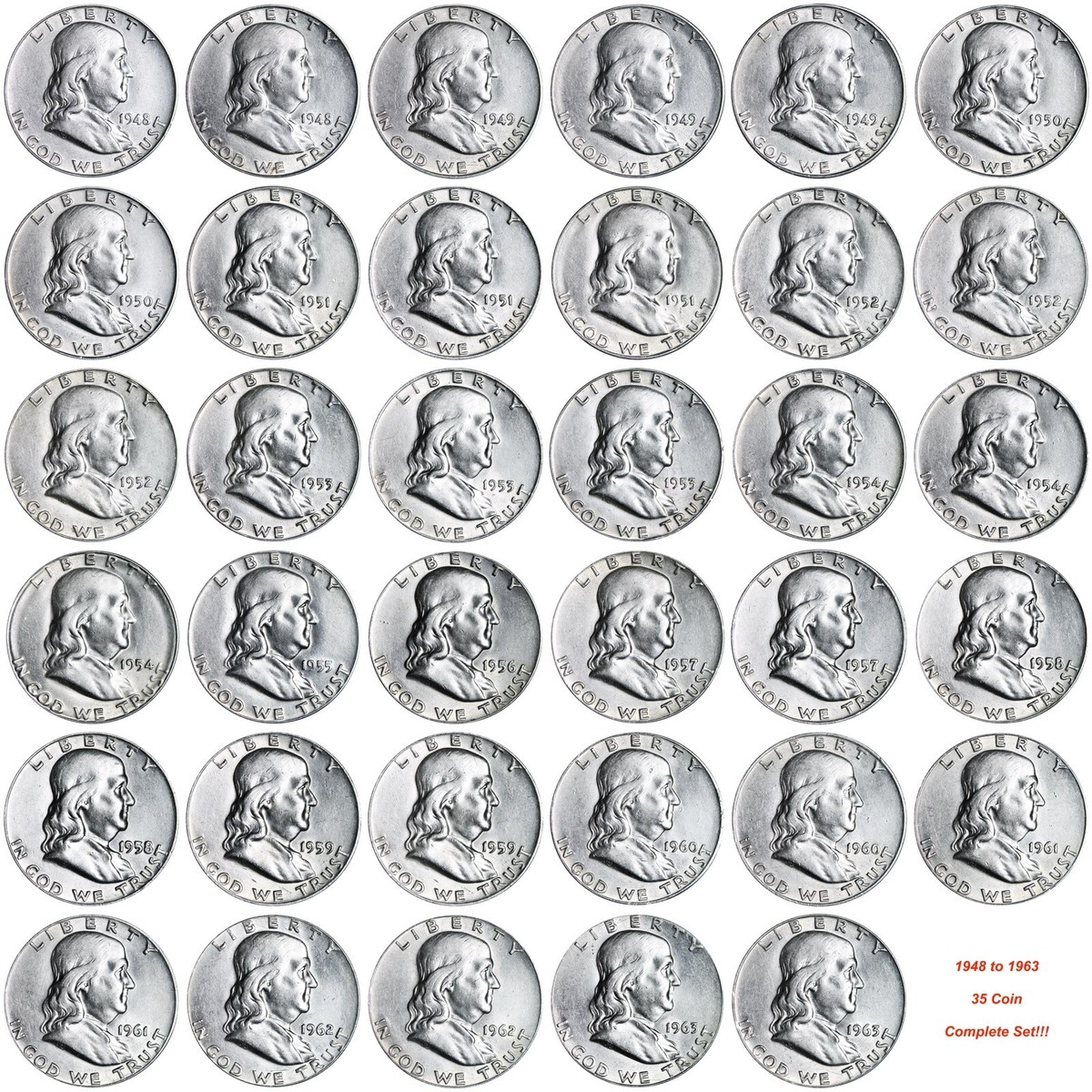 COMPLETE SET FRANKLIN SILVER HALF DOLLARS 1948-1963! 35 COINS IN