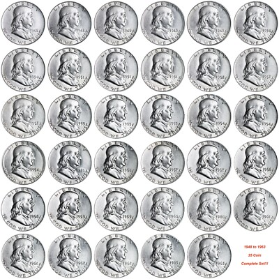 COMPLETE SET FRANKLIN SILVER HALF DOLLARS 1948-1963! 35 COINS IN
