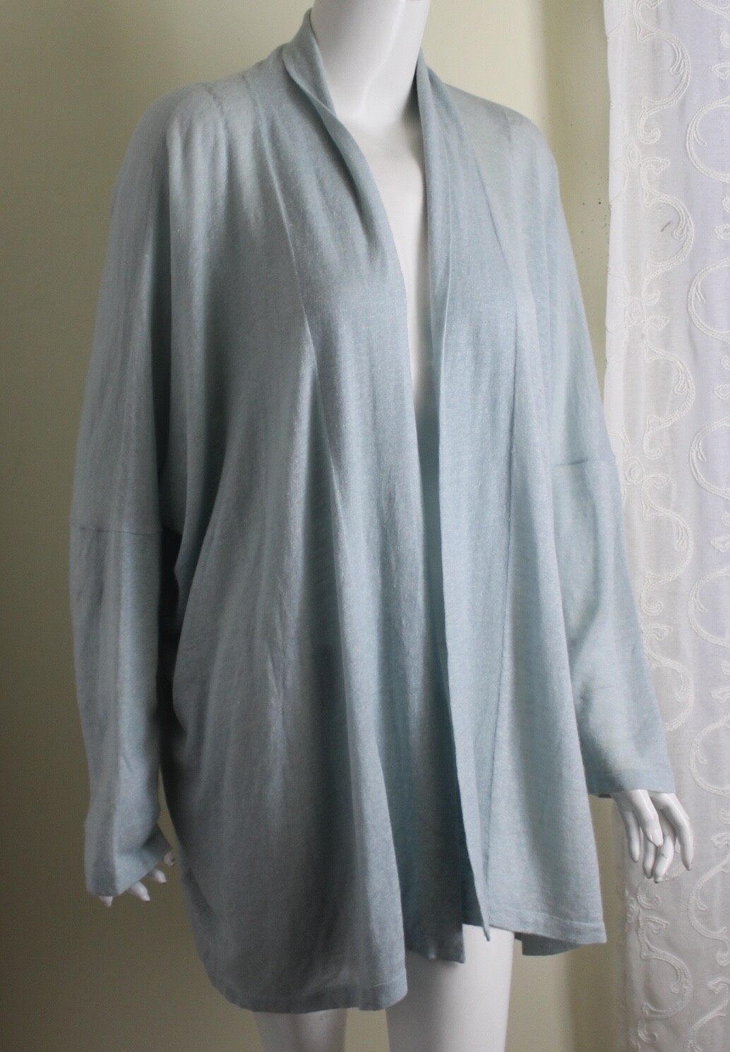 Eskandar O/S Aqua Blue 32"Long Linen Cashmere Super Lightweight Cardigan Sweater