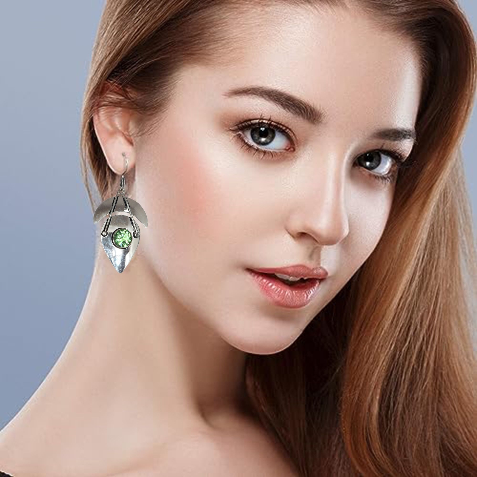 Peridot Quartz Gemstone Unisex Womens Ethnic Silver Earrings 1.5 Inch
