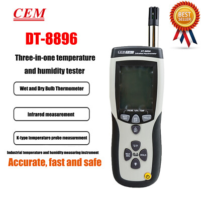 CEM DT-8896 Psychrometer with InfraRed Thermometer Triple Digital LCD Display KD