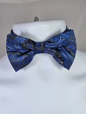 Men's Black & Blue Floral Paisley Gray Accent Adjustable Wedding Fashion Bowtie
