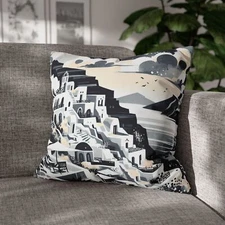 Polyester Square Pillowcase Art Deco Santorini Seascape Digital Watercolor Decor