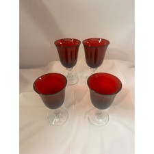 4 Ruby Red Water Goblets Heavy Clear Stem Glass set of 4 7.25 Inch