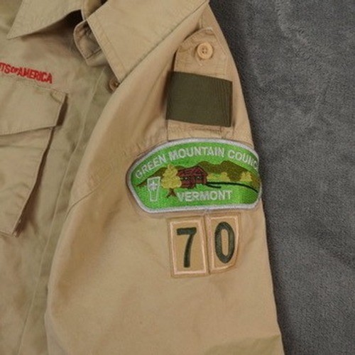 Boy Scouts Uniform Shirt Youth Large Brown Polyester Blend Patches Service Pin - Picture 9 of 11