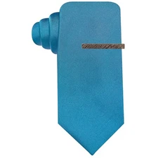 RYAN SEACREST DISTINCTION Dark Aqua Blue Solid Silk Blend Slim Tie Bar Tie
