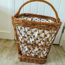 Large Vintage Fabric Lined  Wicker Laundry Basket  With Handle 