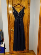 Blondie Nites by Stacy Sklar Navy Blue Beaded Chiffon Long Gown Dress Size 1