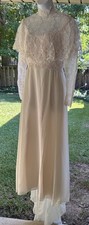 VTG 70s Boho Victorian Wedding Dress Lace High Neck Long Sleeve Ivory Train XS