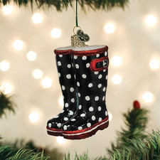 Black Rubber Rain Boots with Polkadots - Blown Glass Old World Christmas Ornamen