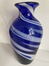 ESTATE ART GLASS COBALT BLUE WHITE SWIRL DECORATIVE 11 VASE, Murano