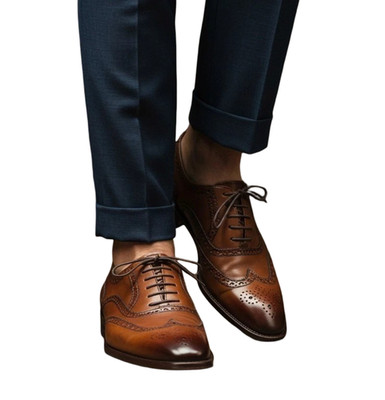 Handmade Brown Genuine Leather Wingtip Oxford Lace Up Dress Office Shoes For Men