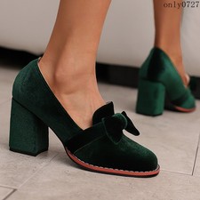 Womens Bowknot Slip On High Block Heel Pointy Toe Party Pumps Shoes Oversize Hot