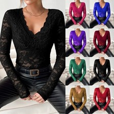 Damen Sexy Spitze V-Neck Langarmshirt Party Tops Durchsichtig Oberteile Clubwear