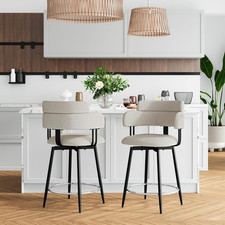 Set 2 Sgabelli da Bar Girevoli in Lino Beige con Piedini Cromati per Isola Cucina