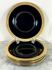 6 Vintage/Antique Black Amethyst Glass Gold Encrusted 9” Salad / Lunch Plates