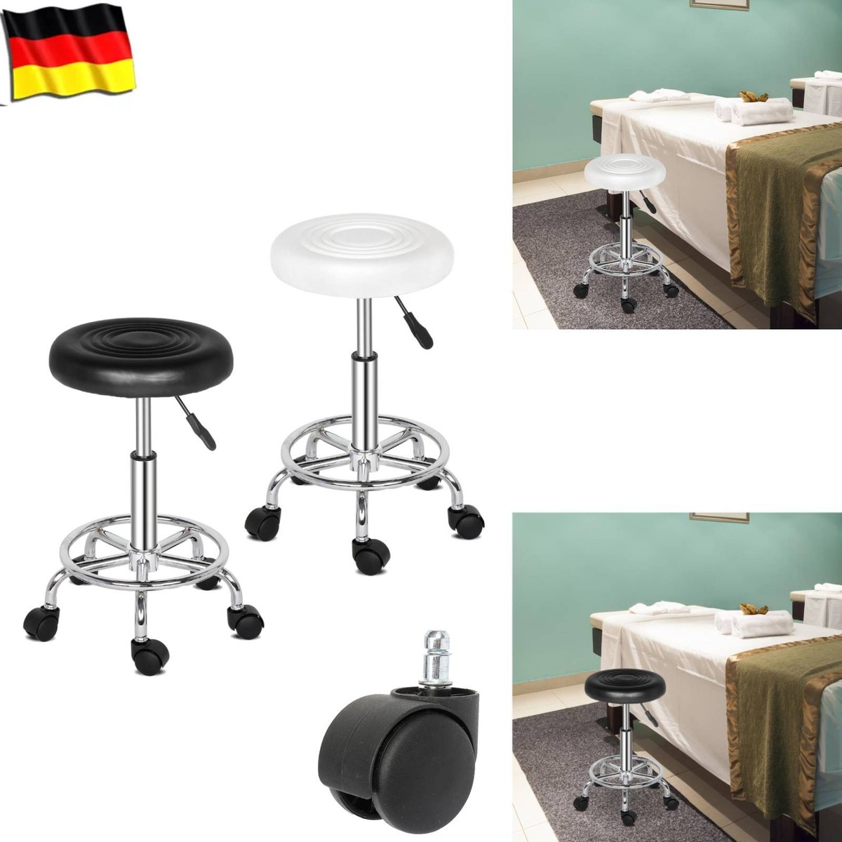 Rollhocker Arbeitshocker Drehhocker Schminkhocker 360° beweglich in Schwarz&Weiß