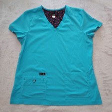 Koi Basics Becca Scrub Top Turquoise Blue V-Neck Short Sleeve Pockets M