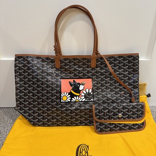 Goyard Saint Louis PM Black/ brown Goyardine Canvas Tote Bag w/ Pouch Authentic 