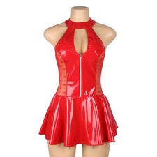 WOW BABE Red Shiny Faux Leather Wet Look Halterneck Front Zip Mini Dress Size 12