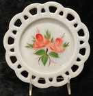 Vintage Hand Painted Peach Roses on Milk Glass Reticulated Edge Plate MINT