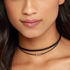 Fashion Jewelry Black Choker Silver Beaded Double Layer Necklace  3-9