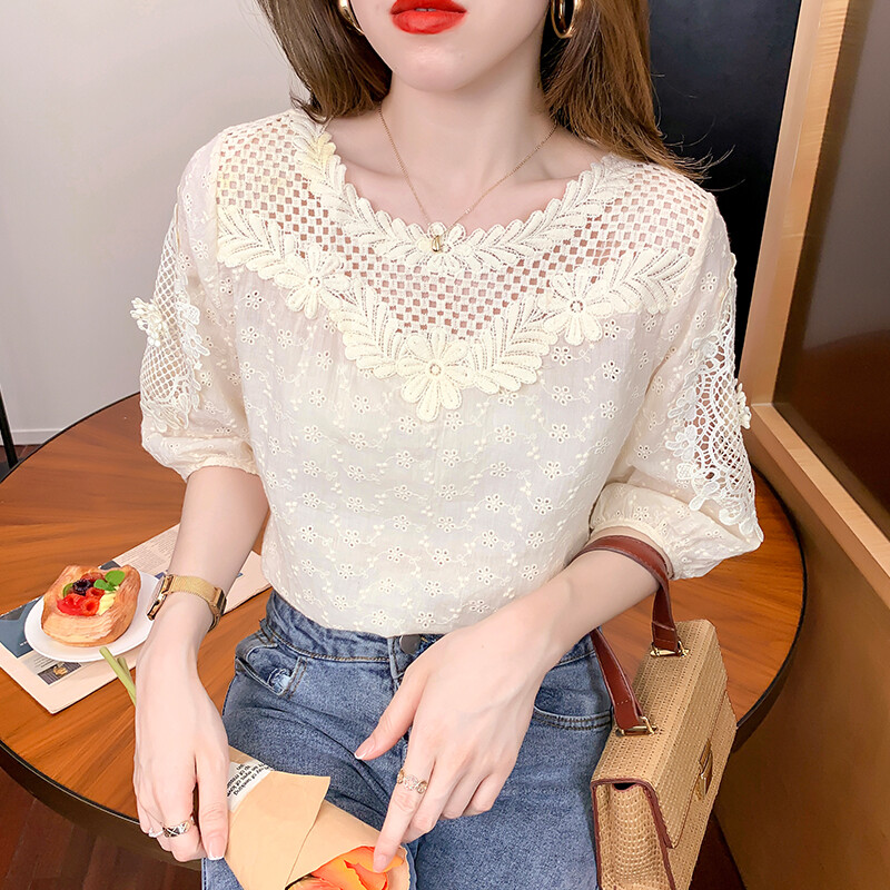 Women Hollow Out Lace Shirt Blouse Floral Short Sleeve Retro