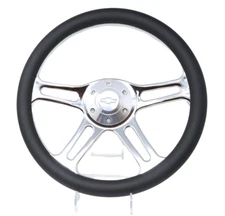 14" 4 Spoke Chrome Steering Wheel Black Grip 6 Hole Chevy Horn Button Muscle