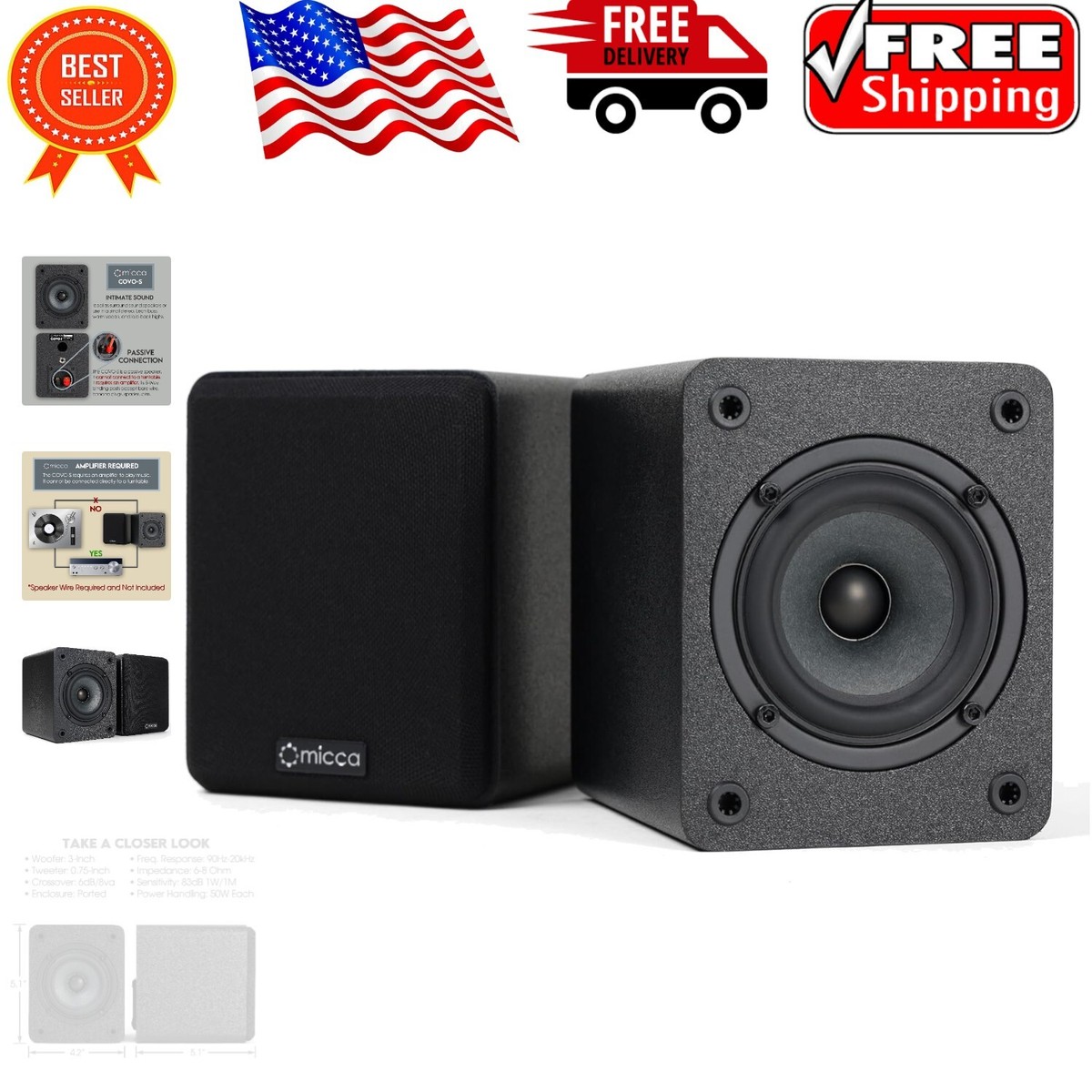 Wall Mountable 3-Inch Concentric Driver Bookshelf Speakers with