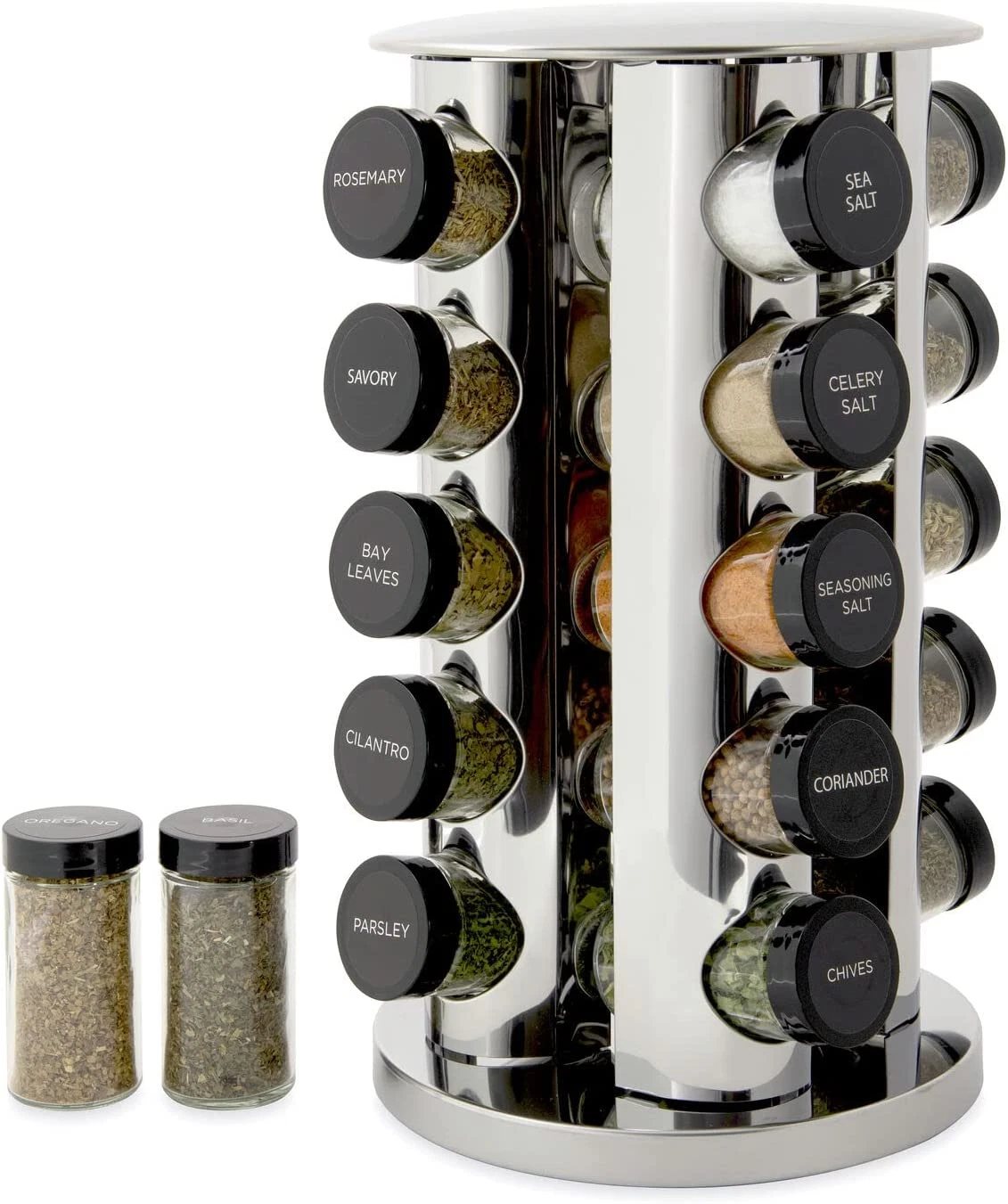 20 Jar Revolving Countertop Spice Rack w/Spices, Polished Stainless w/ Black Cap
