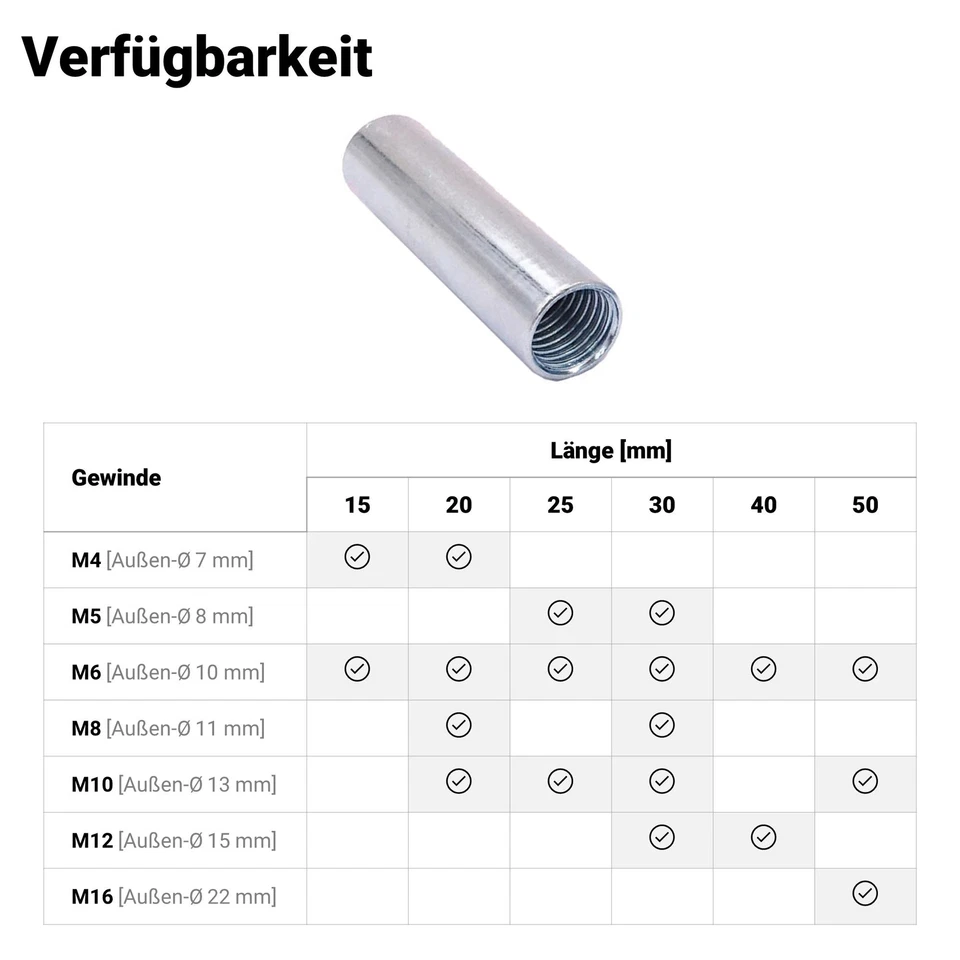 Langmutter Rund M4 M5 M6 M8 M10 M12 M16 Stahl Verzinkt - Verbindungsmuffen - Bild 3 von 4