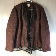 Chico's Women's Red Black Metallic Tweed Blazer Black/Beaded Lace Trim Size 3