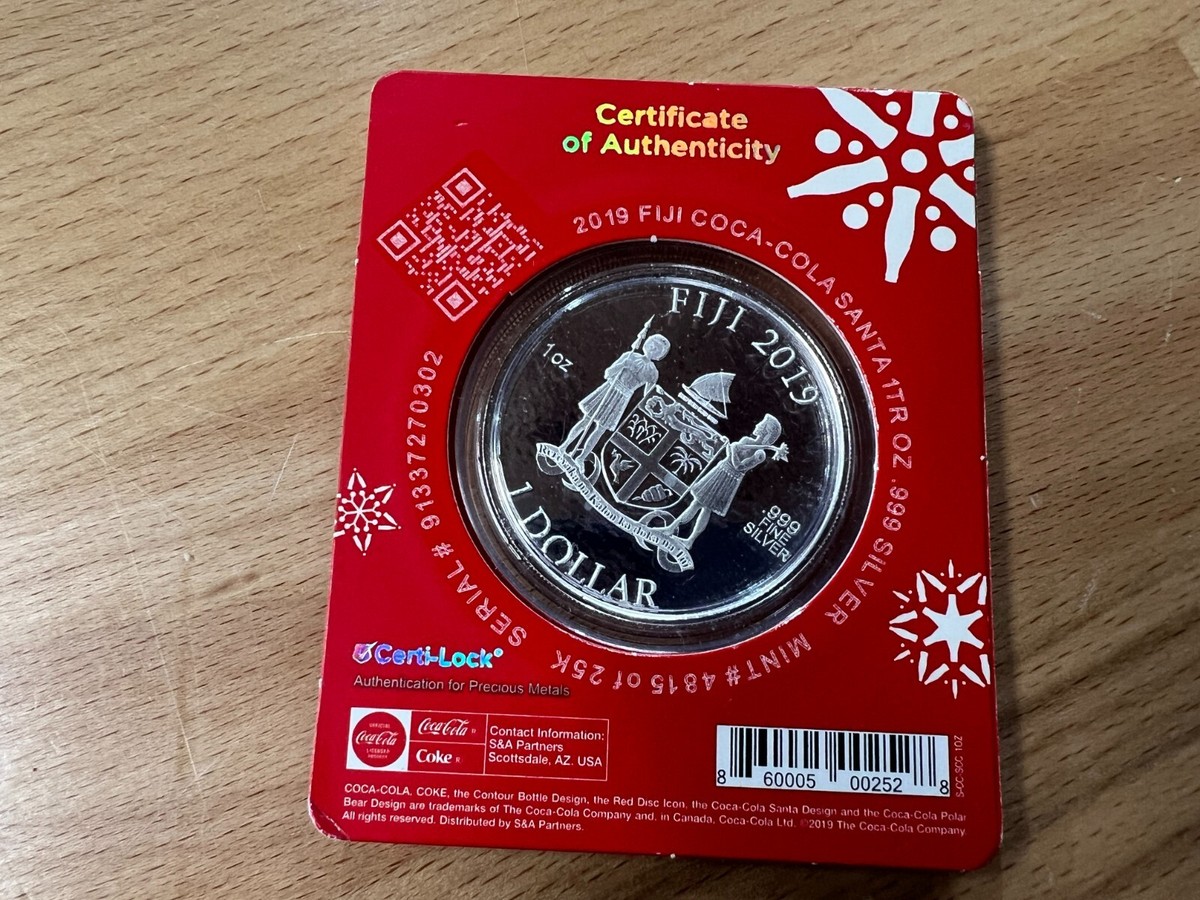 2019 Bank of Fiji $1 Santa Claus Coca Cola Holiday Coin 999 Silver
