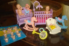 Toys R Us  Lot Crib w/Mobile, Changing Table, Baby Dolls, Vtg Rocking Horse