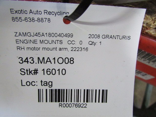Maserati Granturismo, RH, Right Motor Mount Arm, Used, P/N 222316