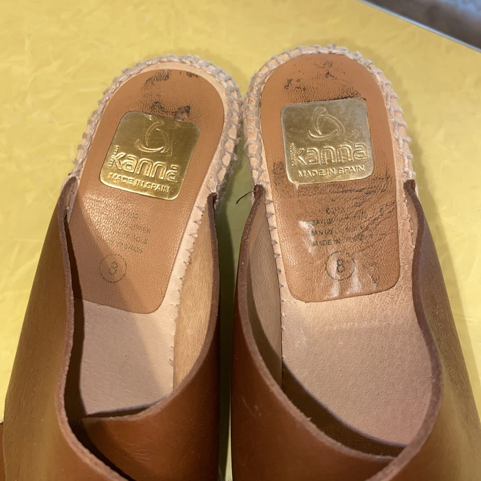 KANNA BROWN LEATHER JUTE WEDGE HEELS SLIDES CRISS CROSS STRAP SIZE 8 - Image 4 of 4