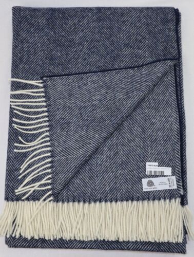 New Bronte by Moon Navy Blue Herringbone 100% Pure New Wool Throw Blanket - Picture 2 of 4