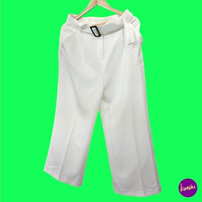 V BY VERY Damen Hose, weites Bein Gürtel Cropped, Schnallenakzent, elfenbein, UK 12