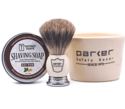 PARKER SAFETY RAZOR TACONIC SHAVE Parker & Taconic Shave Apothecary Mug Gift Set - Pure Badger Shave Brush & Soap