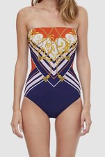 174 Gottex Women's Blue Stretch Bandeau Baroque Print One-Piece Swimsuit Size 8