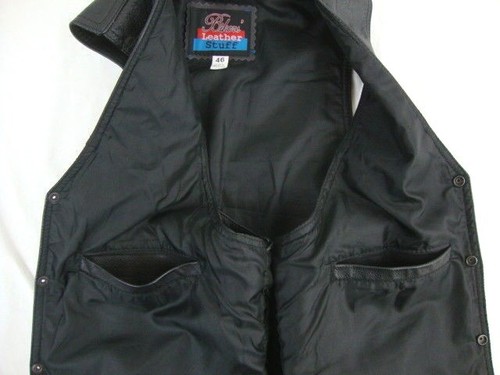 Bikers Leather Stuff Vest Mens Size 46 Black Tie Sides 4 Pocket Street Rider - Picture 4 of 8