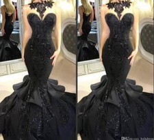 Black Wedding Dresses Sleeveless Sequined Appliques Ruffles Mermaid Bridal Gowns