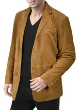 Men's Tan Suede Blazer 100% Genuine Soft Lambskin Suede Leather Coat Blazer