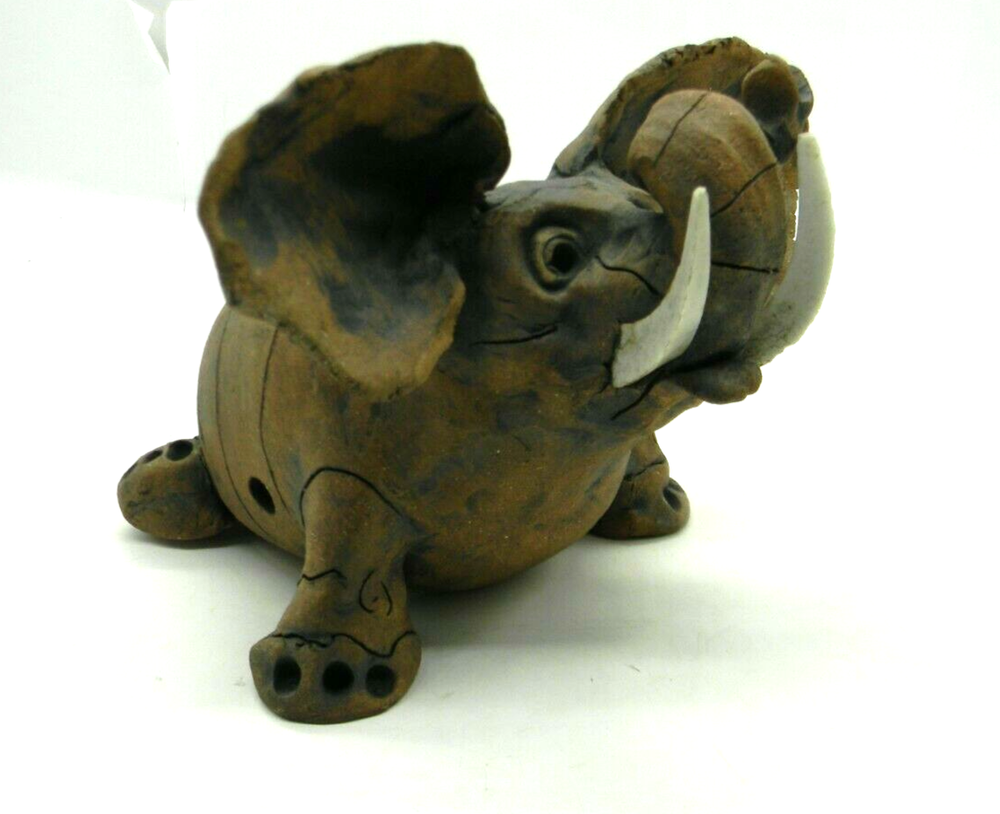 Elephant Art Pottery Whistle Figurine Signed DFS Brown Clay Vintage