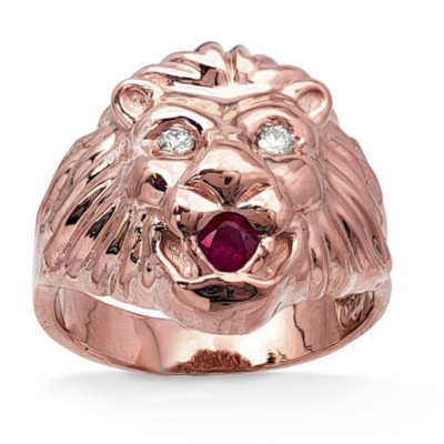 Echt 14K Rotgold Herren Löwe Ring mit Diamant Augen Rubin Mund Natur oder Labor
