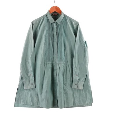 Loro Piana Womens 48 US 12 Pleated Bib Tunic Shirt Green Cotton Long Sleeve